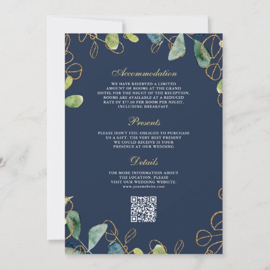 Blue Gold Eucalyptus Wreath QR Code Wedding Einladung (Rückseite)
