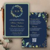 Blue Gold Eucalyptus Wreath QR Code Wedding Einladung