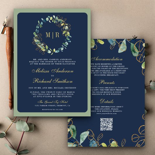 Blue Gold Eucalyptus Wreath QR Code Wedding Einladung