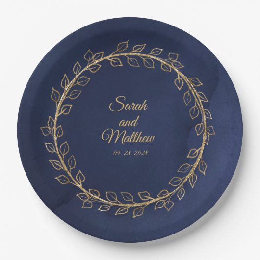 Blue & Gold Eucalyptus Wreath Wedding Dinner Pappteller (Vorderseite)