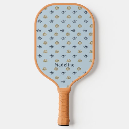 Blue Gold Evil Eye Muster Monogram Vorname Pickleball Schläger (Rückseite)