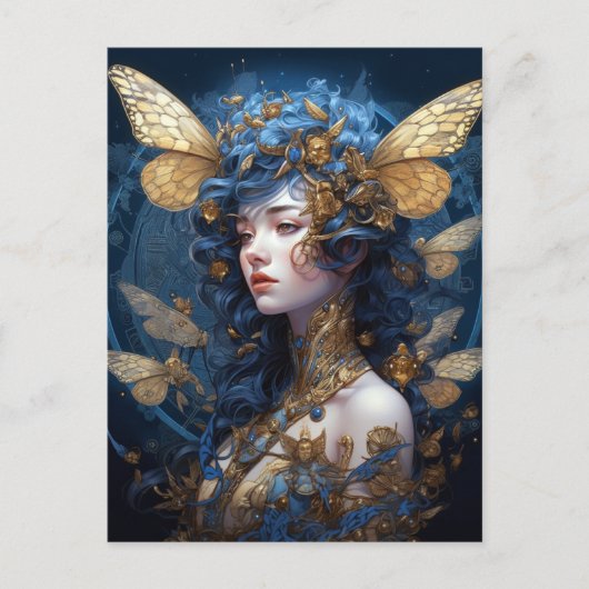 Blue Gold Fairy Fantasy Art Postkarte (Vorderseite)