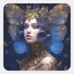 Blue Gold Fairy Fantasy Art Quadratischer Aufkleber