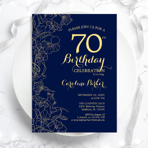 Blue Gold Floral 70. Geburtstagsparty Einladung
