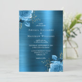 Blue Gold Floral Aquamarin Brushed Metal Wedding Einladung (Stehend Vorderseite)