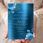 Blue Gold Floral Aquamarin Brushed Metal Wedding Einladung