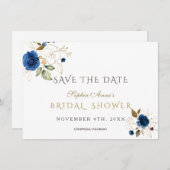 Blue Gold Floral Brautparty Save the Date (Vorne/Hinten)