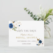 Blue Gold Floral Brautparty Save the Date (Stehend Vorderseite)