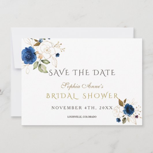 Blue Gold Floral Brautparty Save the Date (Vorderseite)