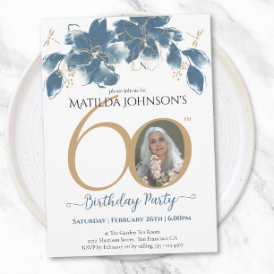 Blue Gold Floral Custom Foto 60. Geburtstag Einladung