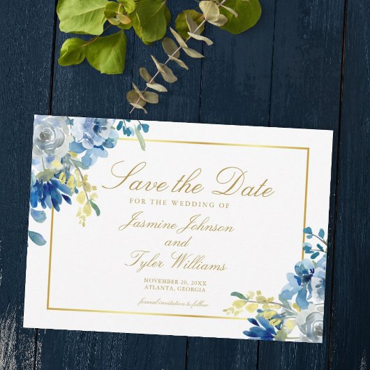 Blue Gold Floral Eleganter Abend Save the Date