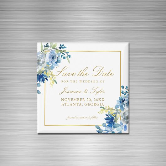 Blue Gold Floral Eleganter Abend Save the Date Magnet