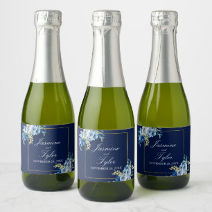 Blue Gold Floral Eleganter Abend Wedding Mini Schaumweinetikett