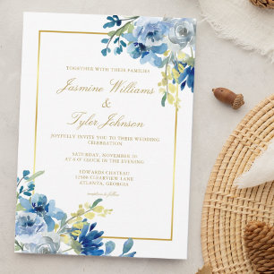 Blue Gold Floral Eleganter Abend Winter Wedding Einladung