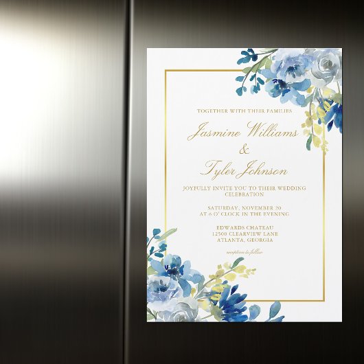Blue Gold Floral Eleganter Abend Winter Wedding Magneteinladung