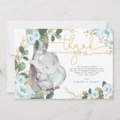 Blue Gold Floral Elephant Baby Danke Karte (Vorderseite)
