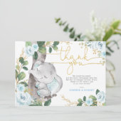 Blue Gold Floral Elephant Baby Danke Karte (Stehend Vorderseite)