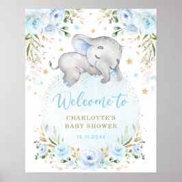 Blue Gold Floral Elephant Boy Baby Dusche Willkomm Poster