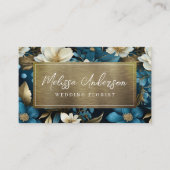 Blue Gold Floral Foil QR Code Luxe Visitenkarte (Vorderseite)