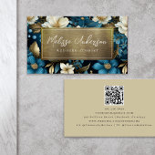 Blue Gold Floral Foil QR Code Luxe Visitenkarte