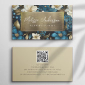 Blue Gold Floral Foil QR Code Luxe Visitenkarte
