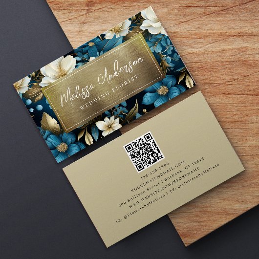 Blue Gold Floral Foil QR Code Luxe Visitenkarte