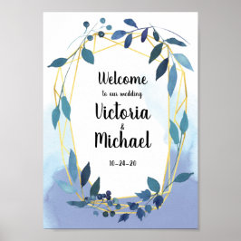 Blue Gold Floral Geometric Empfang Wedding Sign Poster