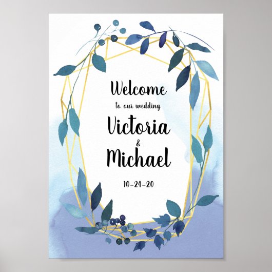 Blue Gold Floral Geometric Empfang Wedding Sign Poster (Vorne)