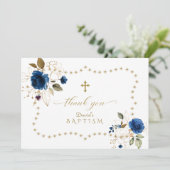 Blue Gold Floral Gold Glitzer Frame Boy Taufe Dankeskarte (Stehend Vorderseite)