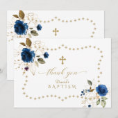 Blue Gold Floral Gold Glitzer Frame Boy Taufe Dankeskarte (Vorne/Hinten)