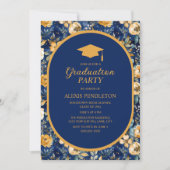 Blue Gold Floral High School Graduation Cap Einladung (Vorderseite)