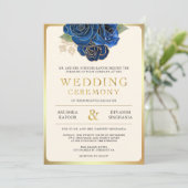Blue Gold Floral Indian Hindu Foto Hochzeit Einladung (Stehend Vorderseite)