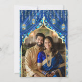 Blue Gold Floral Indian Hindu Foto Hochzeit Einladung (Rückseite)