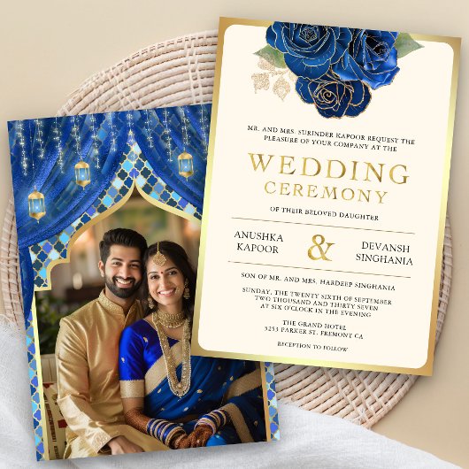 Blue Gold Floral Indian Hindu Foto Hochzeit Einladung
