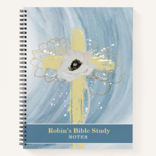 Blue Gold Floral Kreuz Personalisiertes Bibelstudi Notizblock