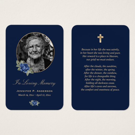 Blue Gold Floral Memorial Cards (Vorne & Hinten)