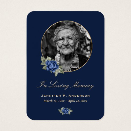 Blue Gold Floral Memorial Cards (Vorderseite)