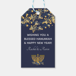 Blue & Gold Floral + Menorah Muster Hanukkah Blau Geschenkanhänger