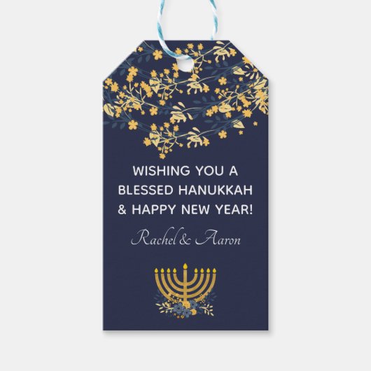Blue & Gold Floral + Menorah Muster Hanukkah Blau Geschenkanhänger (Vorderseite)