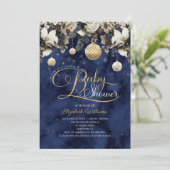 Blue Gold Floral Ornamente Weihnachtsdusche Einladung (Stehend Vorderseite)