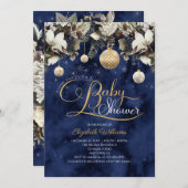 Blue Gold Floral Ornamente Weihnachtsdusche Einladung (Vorne/Hinten)