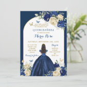 Blue Gold Floral Princess Quinceañera Einladung (Stehend Vorderseite)