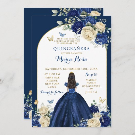 Blue Gold Floral Princess Quinceañera Einladung (Vorne/Hinten)