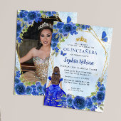 Blue Gold Floral Princess Quinceañera Foto Einladung