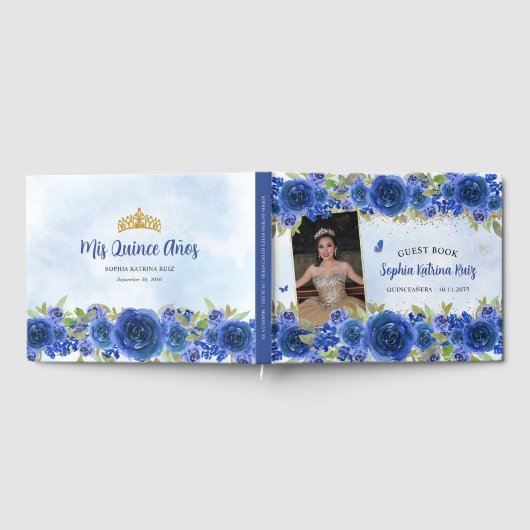 Blue Gold Floral Princess Quinceañera Foto Gästebuch (Voll)