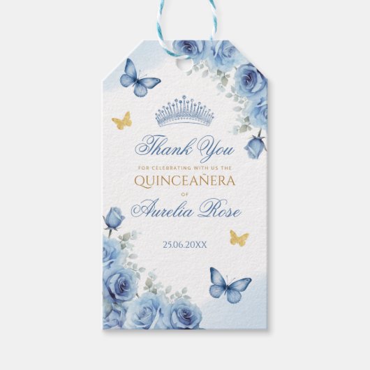 Blue Gold Floral Quinceanera Gefallen Dankeschön G Geschenkanhänger (Vorderseite)