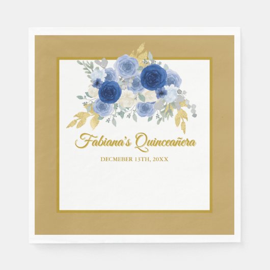 Blue & Gold Floral Quinceañera Napkins Serviette (Vorderseite)