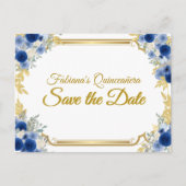 Blue & Gold Floral Save the Date Ankündigungspostkarte (Vorderseite)