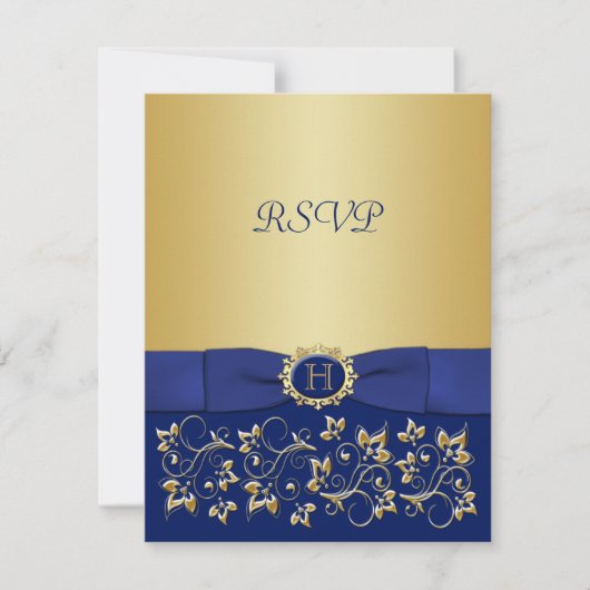 Blue, Gold Floral Scroll Wedding Repcard RSVP Karte (Vorderseite)
