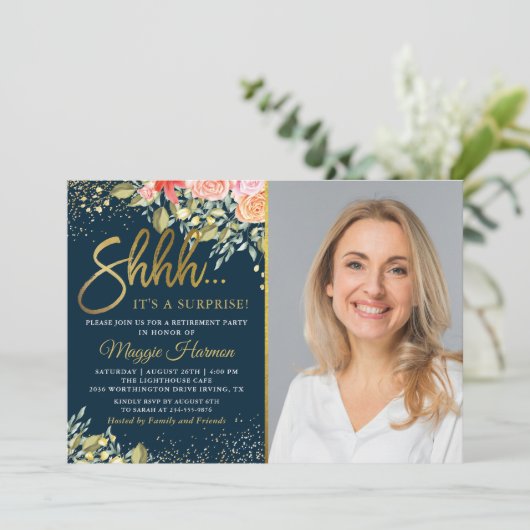 Blue Gold Floral Surprise Retirement Party Foto Einladung (Stehend Vorderseite)